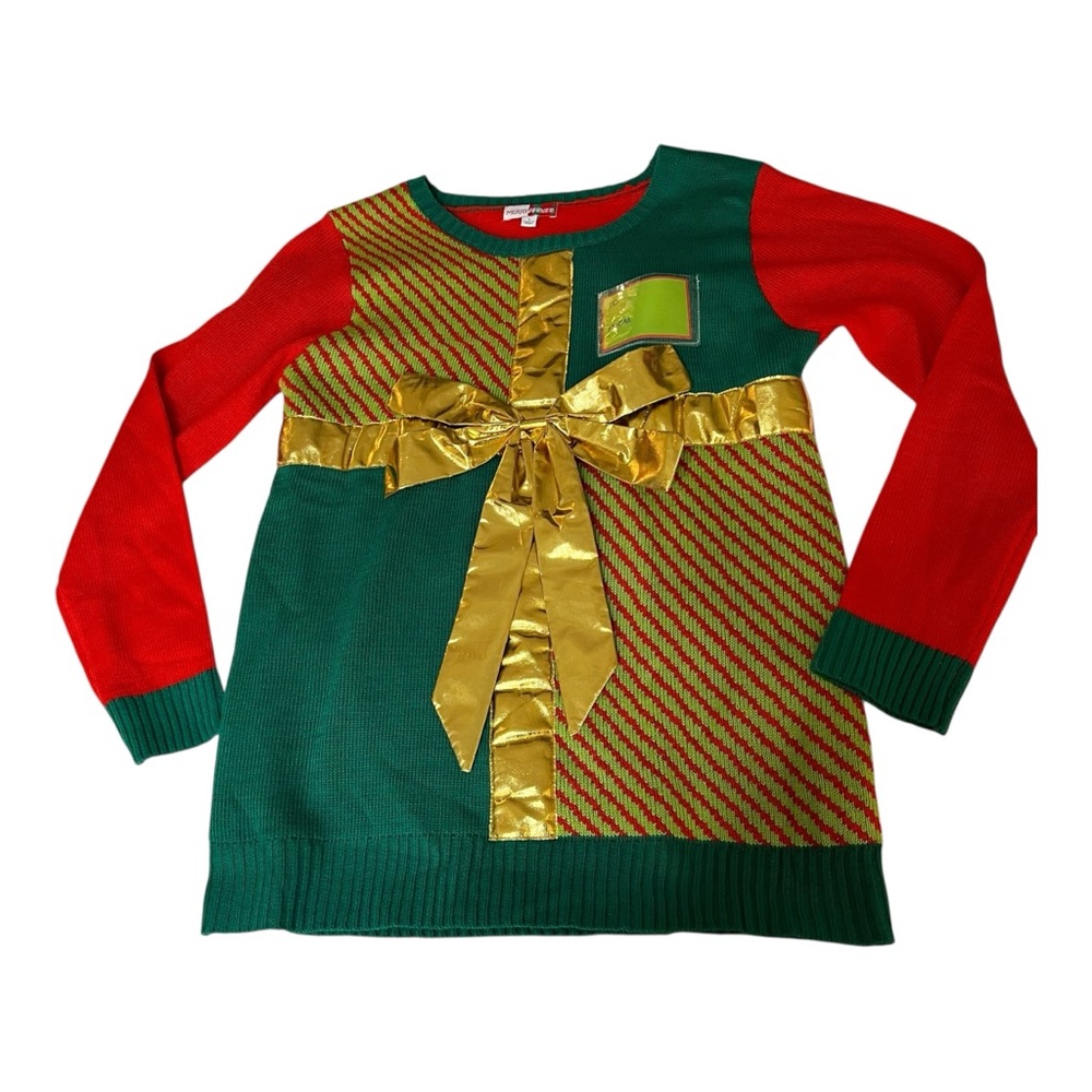 Merry Wear Ugly Christmas Sweater with Gold Bow Knit Holiday Top
